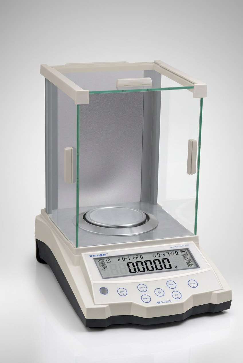 Balanza analítica de precisión VE-204 completa, con vitrina de vidrio, sobre fondo gris claro en formato vertical.