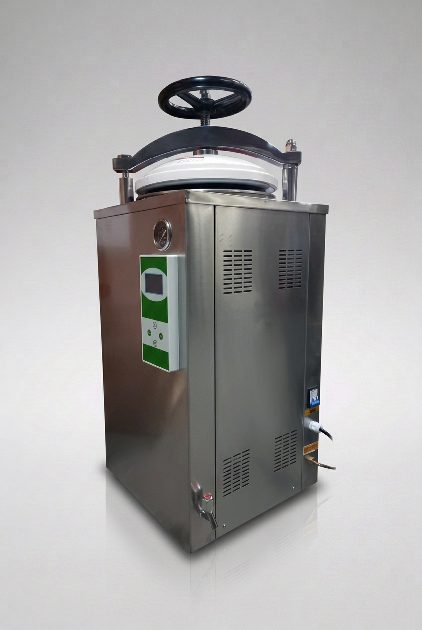 Autoclave vertical CVQ-B50L de acero inoxidable, completo con volante superior negro y panel de control verde, sobre fondo gris neutro en formato vertical 2:3.