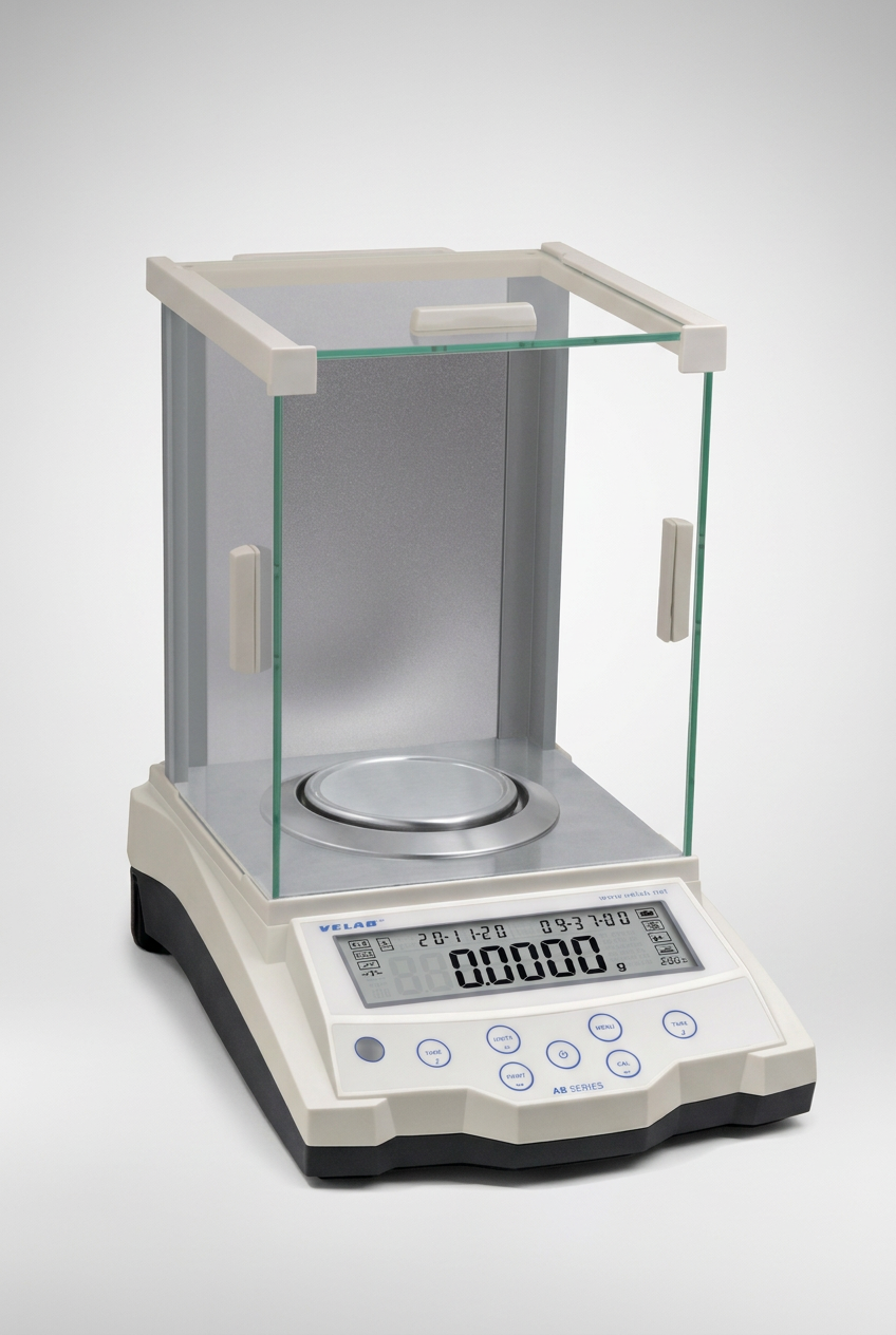 Balanza electrónica analítica de precisión VE-210 completa, con vitrina de vidrio, sobre fondo gris claro en formato vertical.