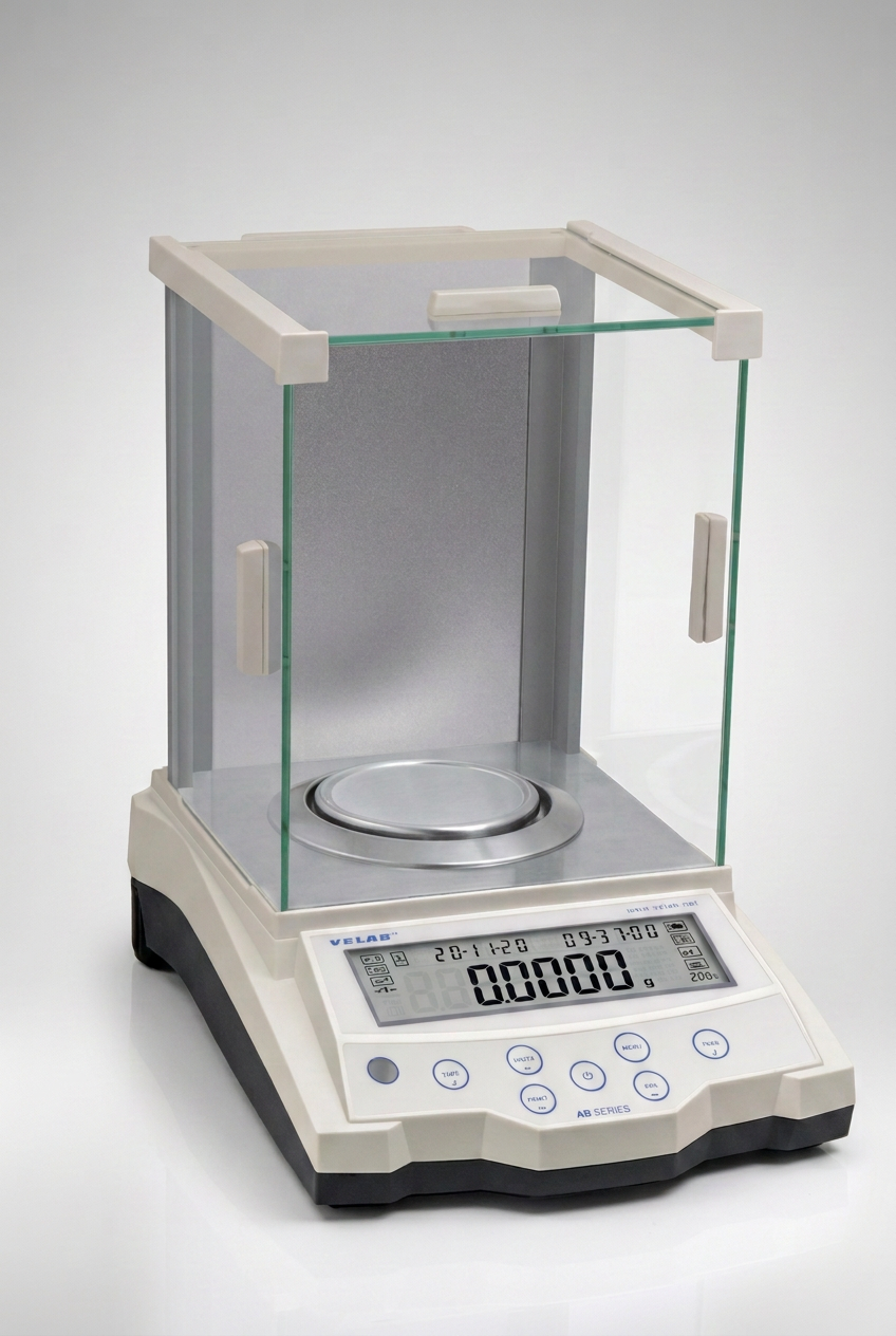 Balanza analítica de precisión VE-204 completa, con vitrina de vidrio y plato metálico, sobre fondo gris neutro y superficie clara en formato rectangular vertical 2:3.