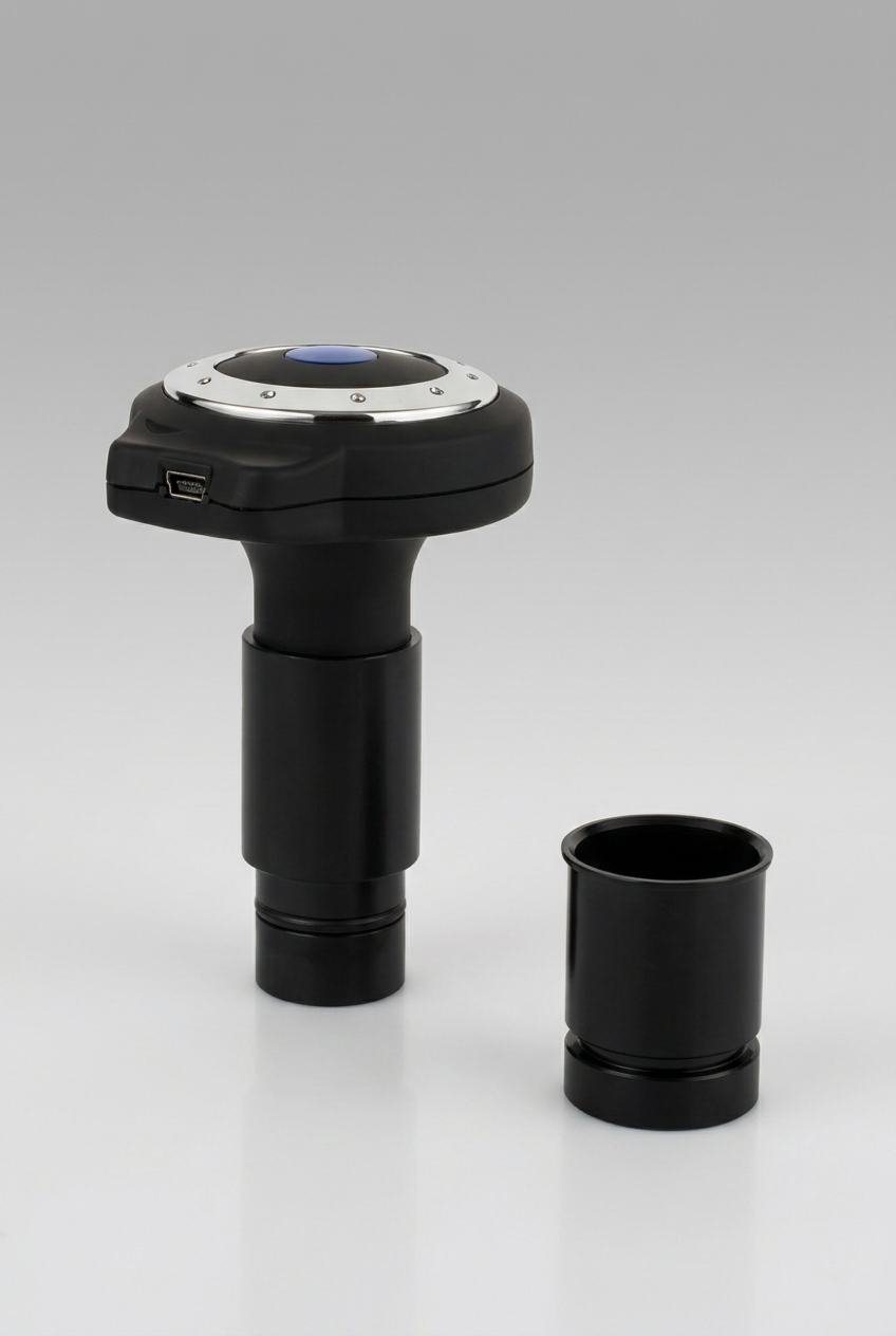 Video cámara para microscopio VE-MC3 negra con aro metálico y adaptador cilíndrico separado, completos sobre fondo gris neutro en formato vertical 2:3.