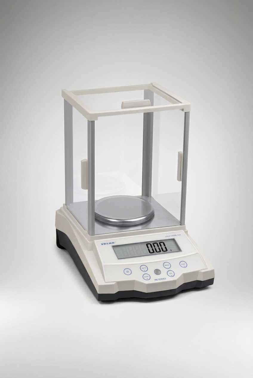 Balanza electrónica VE-1000 completa, con vitrina de vidrio y plato metálico, sobre fondo gris neutro en formato rectangular vertical 2:3 con margen alrededor.